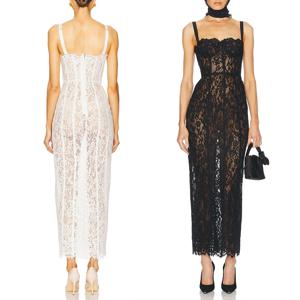 여성을위한 블랙 레이스 Patwork 민소매 맥시 드레스 2025 여름 섹시한 Bodycon 파티 드레스 패션 여름 연예인 클럽 착용