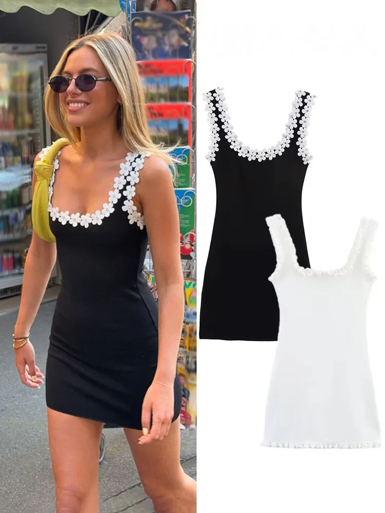 여성 여름 섹시 슬림 드레스 2가지 색상 솔리드 스퀘어 넥 슬리브리스 백리스 플라워 장식 여성 패션 드레스