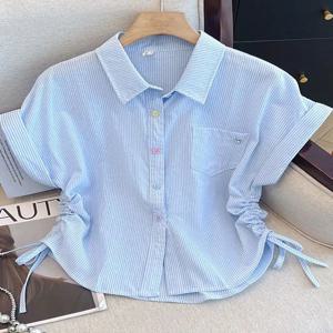 2025년 여름 여성용 스트라이프 반팔 셔츠 루즈핏 캐주얼 드로스트링 탑 한국 스타일 통근룩 레귤러 길이