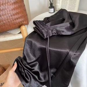 우아한 아세테이트 새틴 와이드 레그 팬츠 여성 여름 신상 하이웨이스트 탄력감 있는 캐주얼 스트레이트 롱 팬츠
