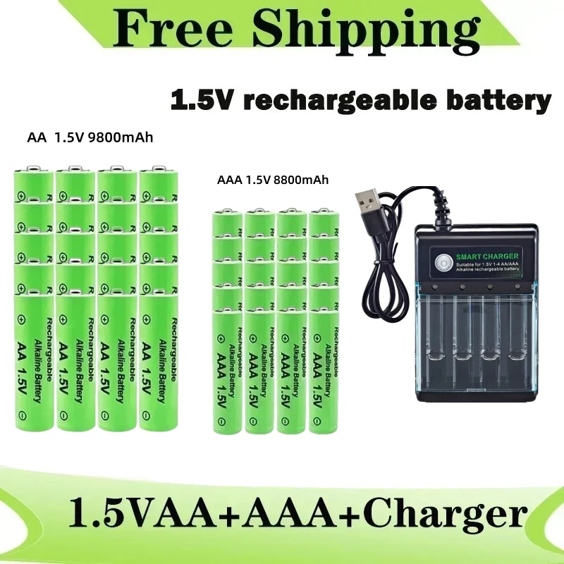 원래 충전식 배터리 1.5V AA 9800mAh + AAA 8800mAh + 컴퓨터 시계 라디오 비디오 게임 디지털 카메라 AA AAA 용 충전기
