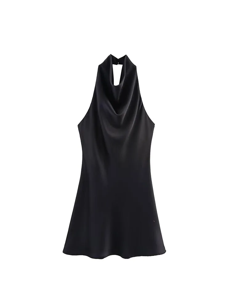 2025 여성 여름 홀터넥 미니 드레스 패션 섹시한 새틴 백리스 솔리드 여성 우아한 스트리트 파티 드레스 의류