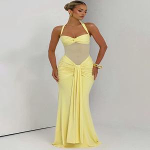 Mozision Halter Backless 섹시한 맥시 드레스 여성 패션 패치 워크 오프 숄더 민소매 Ruched Draped Bodycon Club Party Dress