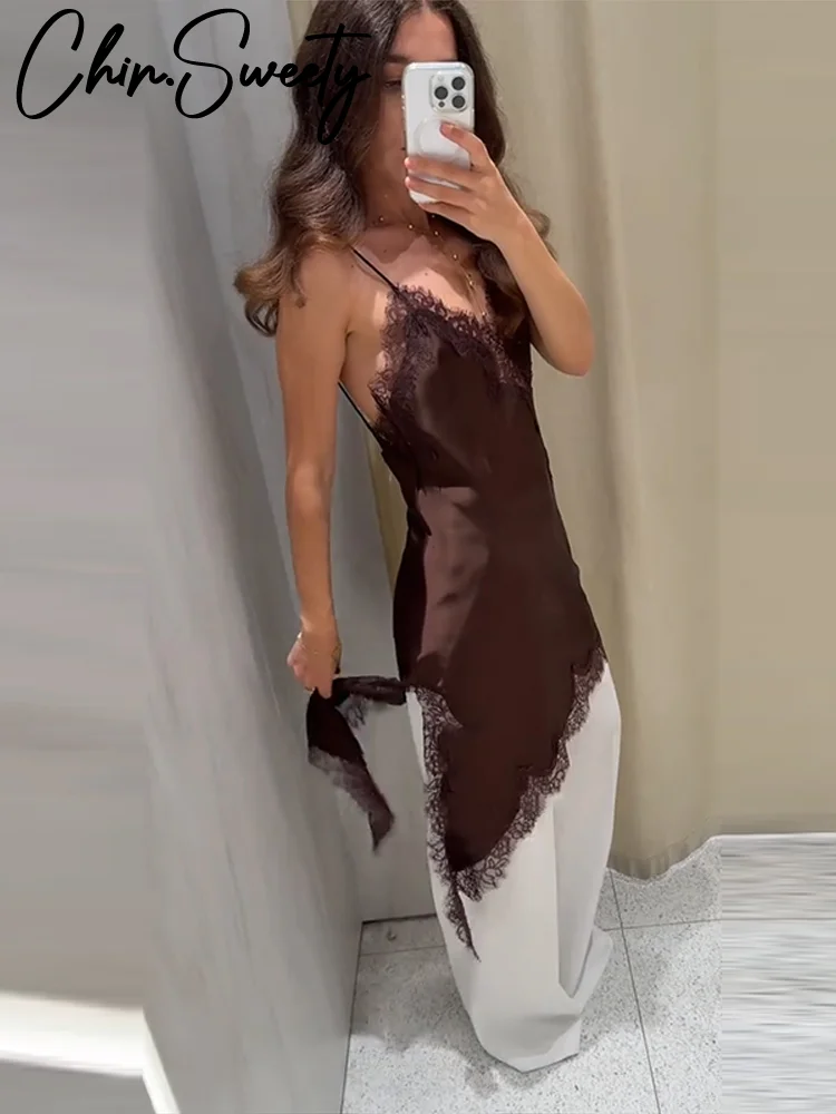 빈티지 브라운 레이스 패치워크 여성 드레스 섹시 슬리브리스 백리스 여성 드레스 2025 여름 가을 패션 파티 여성 로브
