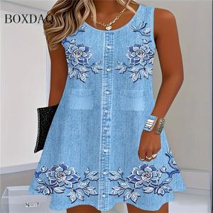 2025 여성 여름 민소매 보헤미안 드레스 패션 카우보이 조끼 꽃 프린트 드레스 캐주얼 탱크 비치 드레스