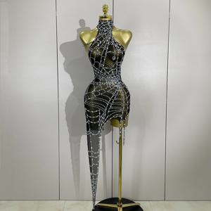 반짝이는 다이아몬드 섹시 메쉬 비대칭 바디콘 미니 드레스 여성 나이트클럽 바 파티 쇼 고고 댄서 의상 무대 의상