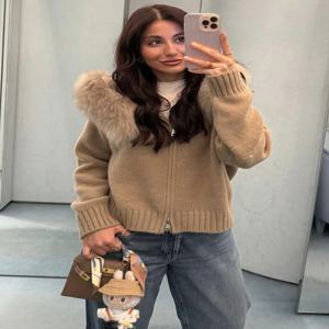 Tossy 겨울 여성 스웨터 후드 가디건 푹신한 지퍼 패치 워크 긴 소매 리브 솔리드 니트 자켓 코트 여성용 카디건