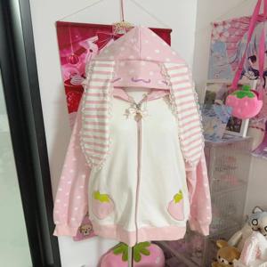 가을 일본 핑크 패치 워크 오버 코트 여성의 달콤한 카와이 지퍼 레이스 폴카 도트 후드 2025 새로운 느슨한 러블리 딸기 코트