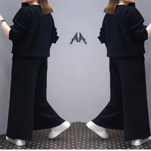 세련된 플러스 사이즈 여성 의상 하이웨이스트 와이드 레그 팬츠 배 가리기 슬리밍 투피스 세트 한국 스타일 출퇴근복