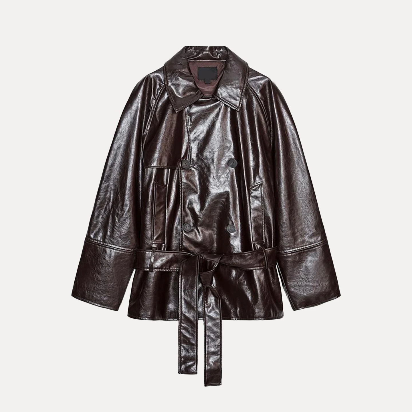 자다테 여성 패션 숏 코트 2025 봄 가을 긴 소매 레더렛 칼라 개성 있는 스타일 출퇴근용 루즈핏