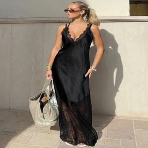 트렌딕스 V넥 레이스 맥시 드레스 여성용 섹시 오프숄더 슬림 엘레강트 슬립 드레스 2025 가을 파티 클럽 백리스 롱 드레스