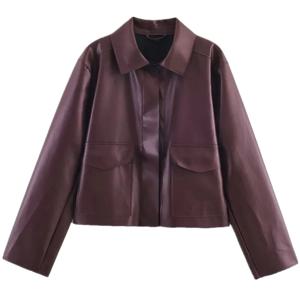 2025년 가을 신상 여성 캐주얼 루즈핏 숏 가죽 재킷 칼라업 아우터웨어 패션 여성 프리미엄 숏 코트