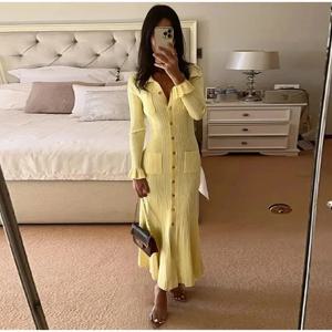 우아한 니트 골지 싱글 브레스티드 롱 드레스 여성 슬림 라펠 플레어 슬리브 포켓 여성 드레스 가을 여성 솔리드 로브