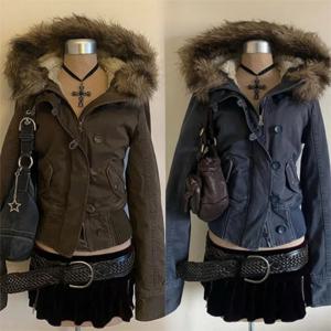 미국 빈티지 슬림 후드 재킷 여성 캐주얼 2025 겨울 사파리 코트 레트로 의류 버튼 따뜻한 상의 우아한 후드