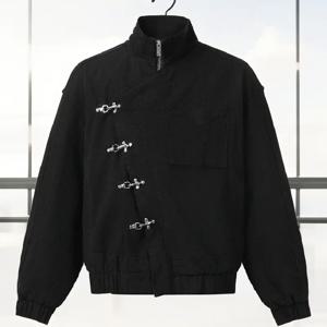 캐주얼 여성 재킷 비대칭 사선 칼라 메탈 버튼 코트 루즈핏 긴팔 숏 아우터 2025 신상 가을 여성 코트