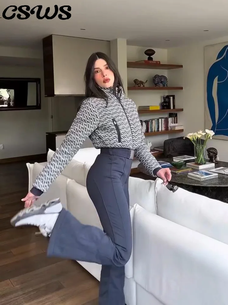 우아한 프린트 두꺼운 스키 점프수트 여성용 시크한 긴 소매 스탠드 칼라 지퍼 벨트 롱 롬퍼 패션 따뜻한 하이웨이스트 롬퍼