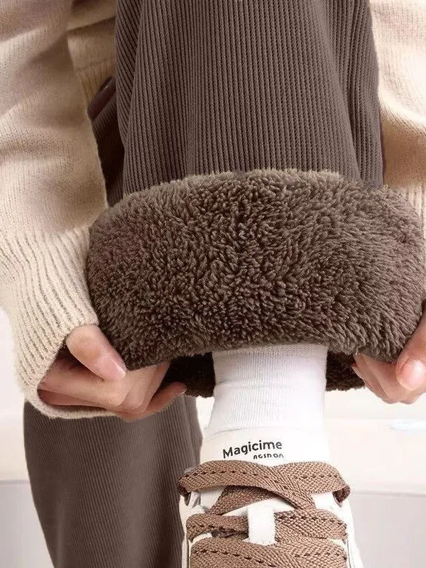 가을 겨울 여성용 플리스 안감 두꺼운 코듀로이 와이드 레그 팬츠 캐주얼 스타일 하이 웨이스트 엘라스틱 클로저 폴리에스터 섬유