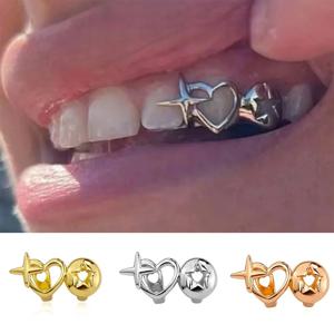 펑크 힙합 속이 빈 하트 이빨 캡 여성 남성용 빈티지 실버 컬러 더블 러브 스타 이빨 그릴 커플 주얼리 액세서리