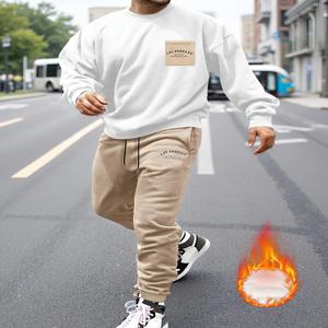 남성용 로스앤젤레스 시티 프린트 후디 세트 포켓 포함 캐주얼 조거 스트리트웨어 투피스 슈트 화이트 및 컬러 블록 라운드 넥