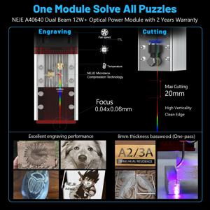 NEJE 더블 빔 레이저 모듈, 스테인레스 스틸 인쇄 금속 조각 목재 커터 도구, 내장 다이오드 2 개, 블루 레이저, 80W, A40640