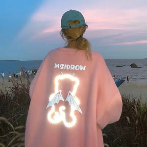 오버사이즈 반사 소재 곰 후드티 루즈핏 편안한 폴리에스터 면 혼방 긴팔 라운드넥 프린트 스웨트셔츠