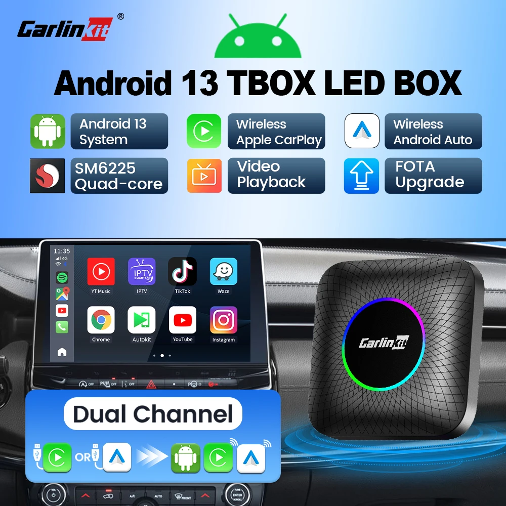 CarlinKit 안드로이드 13 TV 박스 CarPlay 안드로이드 오토 TBox 무선 어댑터 넷플릭스 유튜브 IPTV 스포티파이 GPS 지원