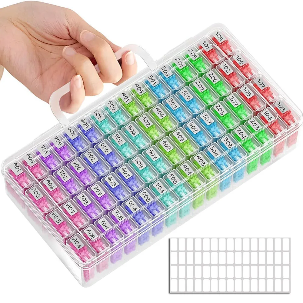 32/48/64 그리드 라벨 스티커가 포함된 다목적 투명 플라스틱 정리함 - 비즈, 보석, 공예 및 네일 용품에 적합
