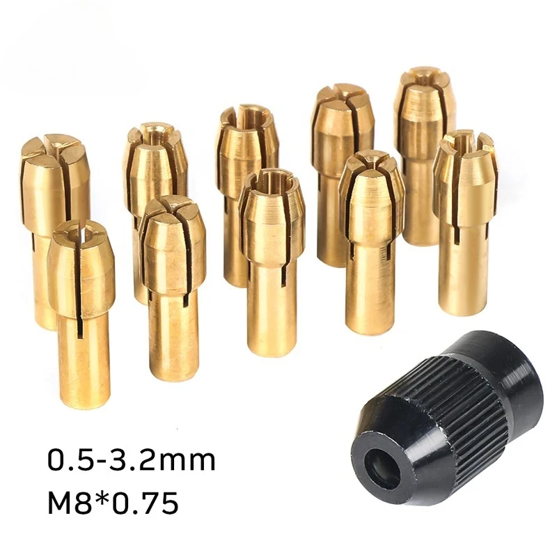 11개/세트 미니 드릴 황동 콜렛 척 드레멜 로터리 공구용 0.5-3.2mm 황동 및 너트 드레멜 액세서리 세트