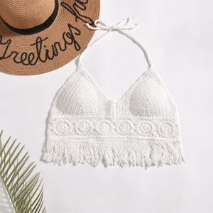 여성용 섹시한 해변 캐미솔 홀터, 할로우 크로셰 니트 수영복, 보호 백리스 조끼, 태슬 탱크 크롭탑, 여성용 수영복