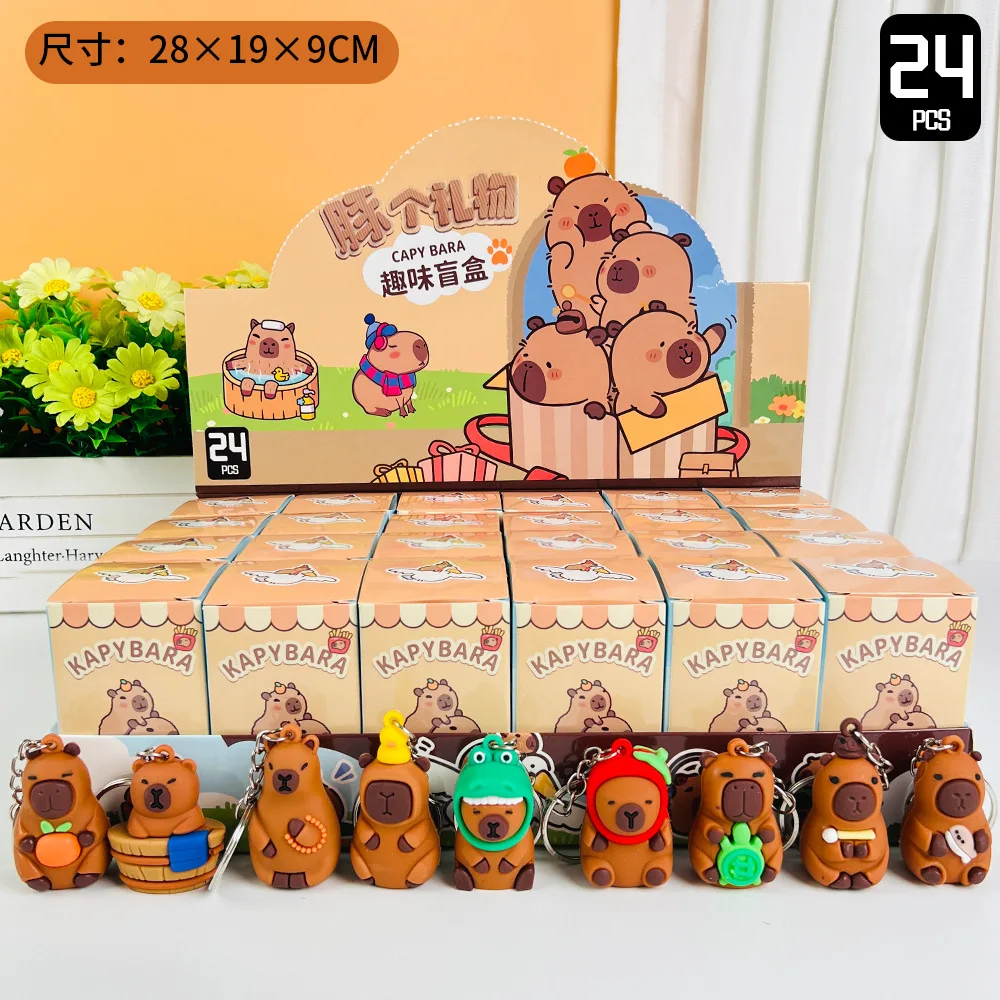 재고 있음 24pcs Capybara 블라인드 박스 키 체인 귀여운 Snot Bear 그림 미스터리 박스 인형 펜던트 도매 가방 배낭 장식
