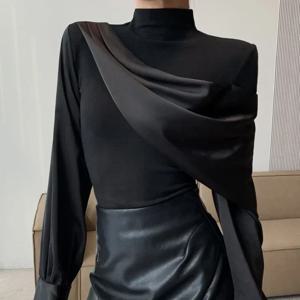 긴팔 셔츠 여성 2024 봄, 가을 새로운 가벼운 럭셔리 패션 접합 디자인 감각 틈새 기질 다목적 탑