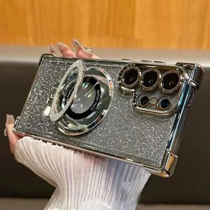 럭셔리 자석 도금 스탠드 충격 방지 글리터 케이스 삼성 갤럭시 S25 엣지 S24 울트라 S23 S22 플러스 S21 S20 FE 클리어 커버