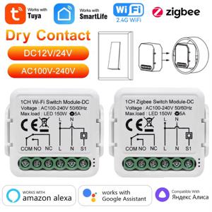 Tuya ZigBee 와이파이 스마트 스위치 모듈, 건식 접촉, DC 12 V, 24V, AC 100-240V, 스마트 홈 DIY 차단기, 릴레이 작동, 알렉사 구글 앨리스