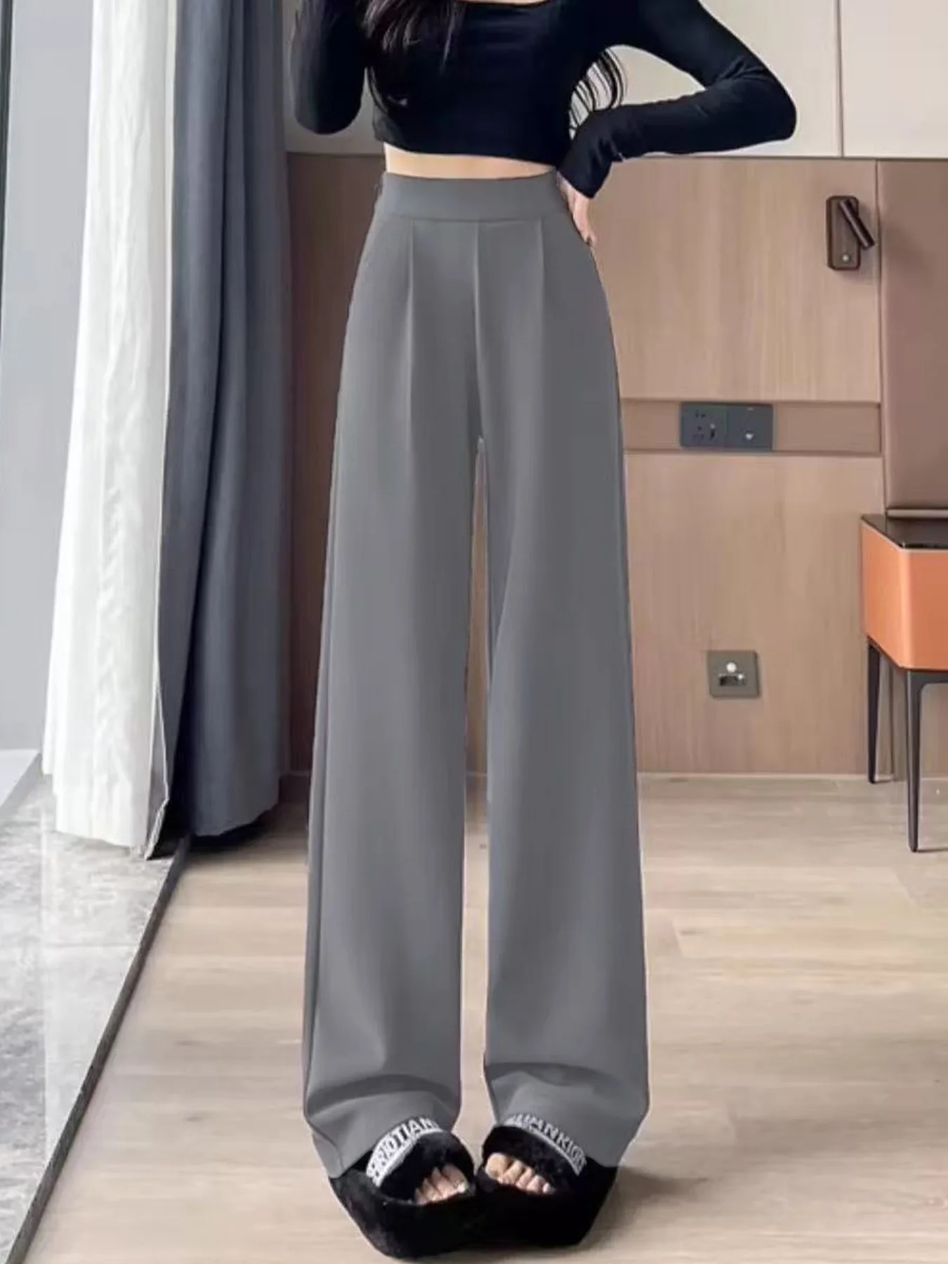 고품질 드레이프의 여성 정장 바지, 블랙/그레이 색상의 스트레이트 레그 캐주얼 스타일, 슬림핏과 편안함을 겸비한 넓은 다리 버전