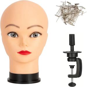 대머리 마네킹 머리 - 가발 제작을 위한 전문 미용 교육용 대머리 마네킹, 무료 클램프 스탠드 및 T형 바늘 포함