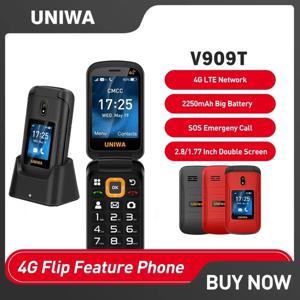 UNIWA V909T 4G 플립 폰, 듀얼 스크린 핸드폰, 노인을 위한 큰 푸시 단추 휴대폰, 2250mAh 러시아어 히브리어 아랍어 키보드