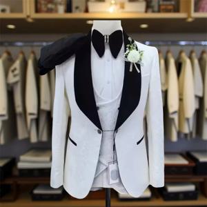 남성용 플로럴 웨딩 수트 3종 세트 슬림핏 신랑 턱시도 자카드 신랑 들러리 정장 프롬 수트 재킷 바지 조끼 2025