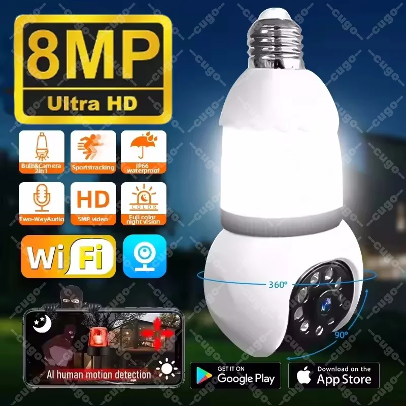 8MP E27 전구 무선 카메라 LED 전구 및 카메라 2in1 WiFi 양방향 오디오 보안 감시 CCTV 보안 PTZ 캠 스마트 추적