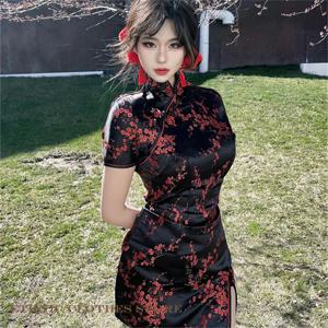 고전적인 중국 스타일 드레스 여성 Qipao 섹시한 짧은 소매 미니 Cheongsam 우아한 자카드 꽃 전통 의류 Y2K Qipao