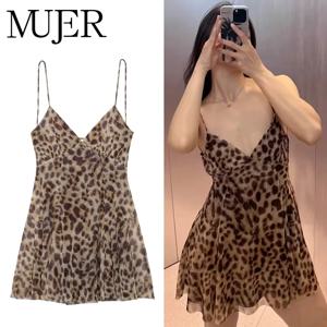 MUJER 레오파드 프린트 튤 드레스 여성 드레이핑 슬립 숏 드레스 여성 섹시 백리스 미니 드레스 여성 여름 비치 드레스