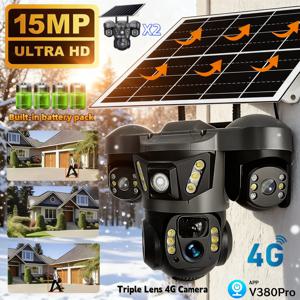 2팩 15MP 10배 줌 트리플 렌즈 4G 태양광 카메라 야외 트리플 스크린 CCTV PIR 모션 감지 보안 감시 V380 프로