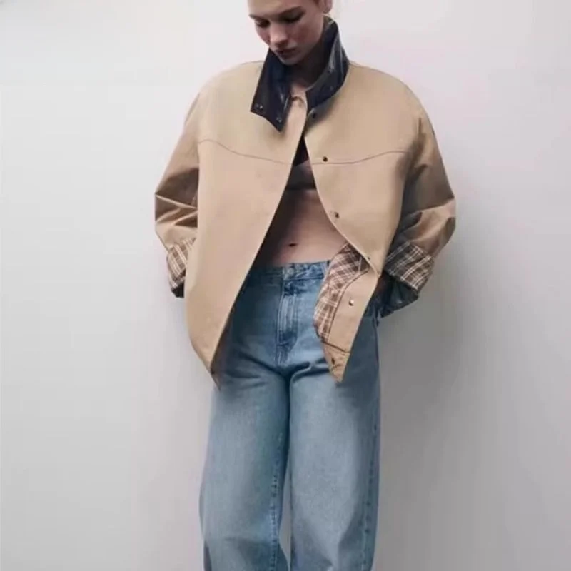 2025년 봄 여성용 루즈핏 스탠드 칼라 패치워크 체크 자켓 아우터웨어 다용도 긴 소매 버튼 클로저 코트