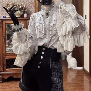 로리타 Y2k 고딕 다크 아카데미아 의류 루즈핏 긴팔 셔츠 여성 Y2k 스탠드 칼라 러플 패치워크 블라우스