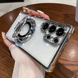 삼성 갤럭시 S25 S24 S23 S22 S21 울트라 플러스 FE A36 A35 A55 A54 A53 A34용 투명 도금 마그네틱 스탠드 케이스 커버