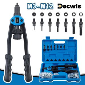 수동 리벳 너트 건 M3 M4 M5 M6 M8 M10 M12 홈 프로페셔널 리베터, 너트 삽입 빠른 리베팅 도구, 110개 리벳 너트, 플라스틱 휴대용 도구 상자, 산업용 리벳 건 포함