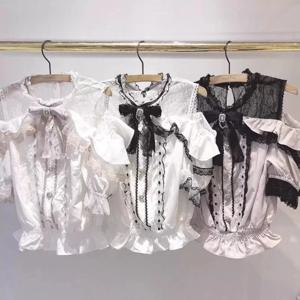 달콤하고 귀여운 소녀들을 위한 반팔 상의, 일본 스타일 스윗 블라우스, 2025 여름 로리타 카와이 슬리밍 레이스 오프숄더 셔츠