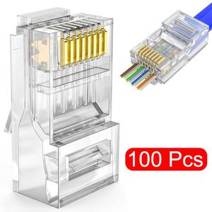100 개/몫 RJ45 CAT6 CAT5e 패스 스루 커넥터 크리스탈 엔드 금도금 8P8C 압착 UTP 표준 이더넷 네트워크 모듈러 플러그