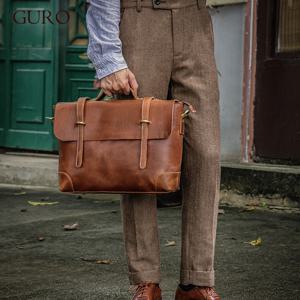 GURO 럭셔리 브랜드 진짜 가죽 핸드백 남자 이그 제 큐 티브 서류 가방 레트로 대형 메신저 가방 크레이지 호스 소 가죽 노트북 숄더 백