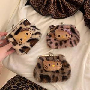 귀엽고 신선하며 달콤한 고양이 레오파드 프린트 동전 지갑 플러시 블루투스 헤드폰 가방 KT 고양이 메이크업 가방 수납 가방