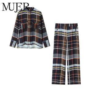 MUJER 2025 여성용 체크무늬 팬츠 세트 2피스 스트레이트 미드 웨이스트 여성 바지 정장 버튼 셔츠 여성 의상 여성용 바지
